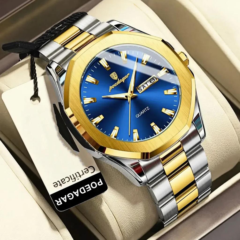Men's Double Calendar Octagonal Dial Stainless Steel Watch Luxury Waterproof Luminous Business Quartz Watch Suitable for Daily Business