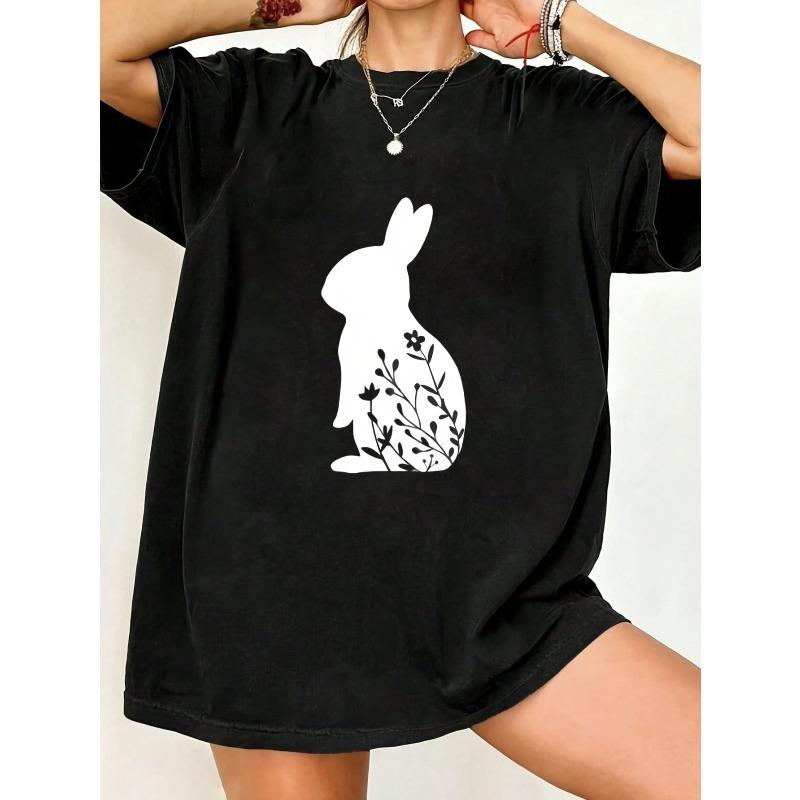 

Black Oversized T Shirt With White Rabbit And Floral Pattern For Casual Wear XXXXL