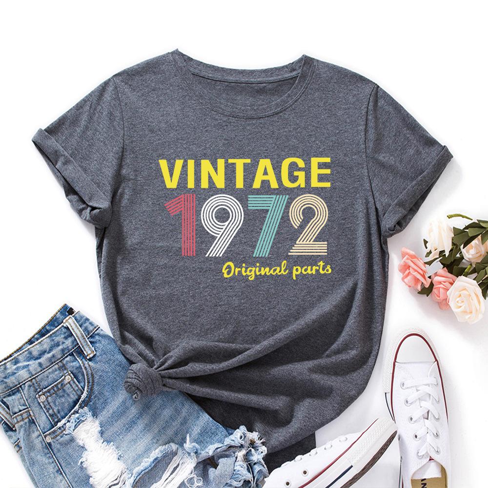 1972 Vintage Alphabet Cotton T-Shirt Short Sleeve Round Neck Women 2d Print Tops