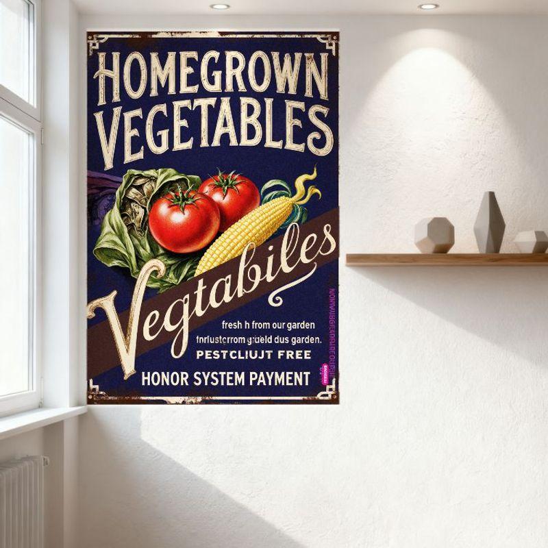 Vintage Homegrown Vegetables Metal Tin Sign - Fresh Pesticide Free Vegtabiles Garden Decor, Honor System Payment for Farmers Mar