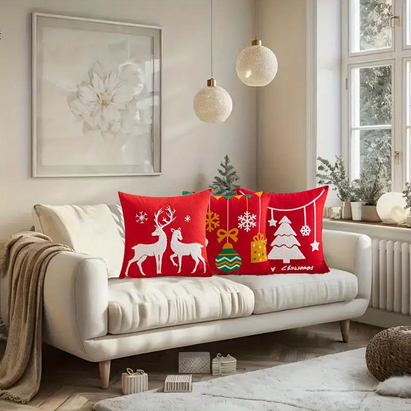 1PC Pillow Cover For Living Room Cushion Cover 45*45cm Cartoon Printed Embroidered Elk Snowman Bedroom Couch Sofa