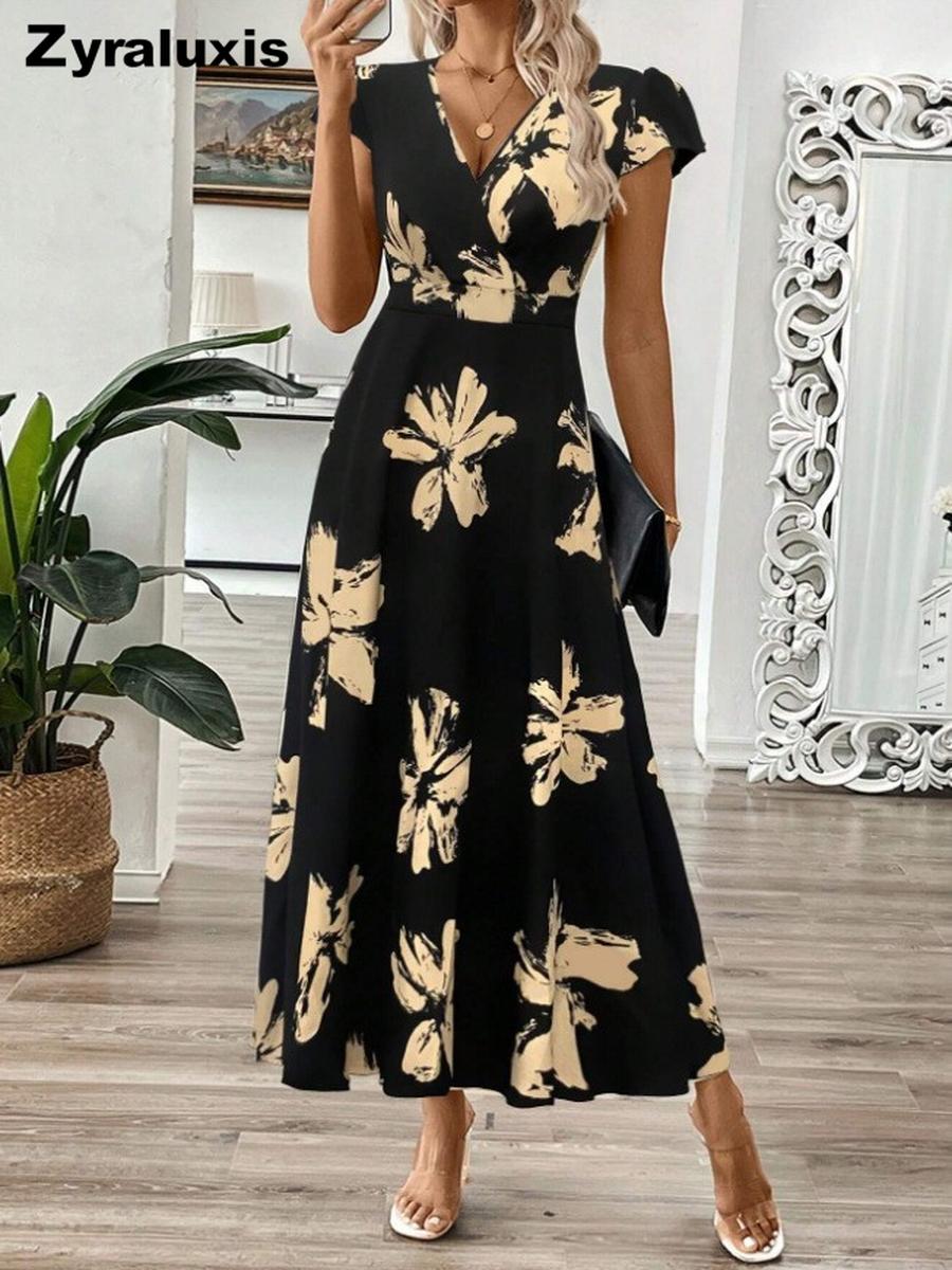 Women s Summer Fashion Printed V-Neck Ruffled Dress S