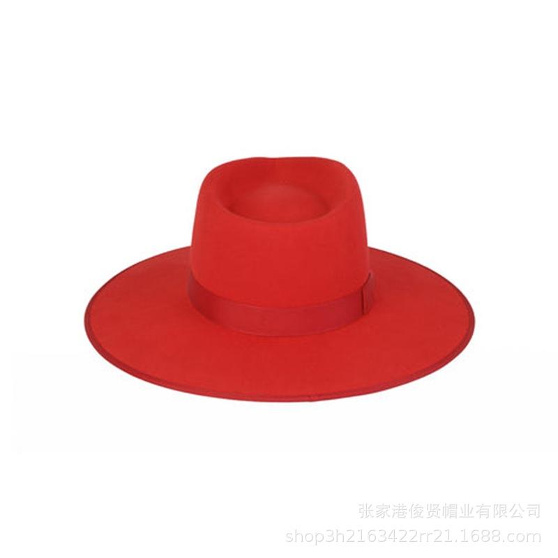Autumn and Winter New Big Red Wool Top Hat Bow Webbing Wool Felt Sun Hat Women's Retro French Elegance
