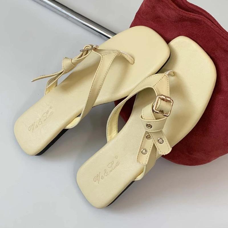 Fashion Fashion Square Toe Belt Buckle Flat Slippers Women Summer Sexy Clip Toe Flip-flops Comfortable Non-slip Vacation Beach Sandals