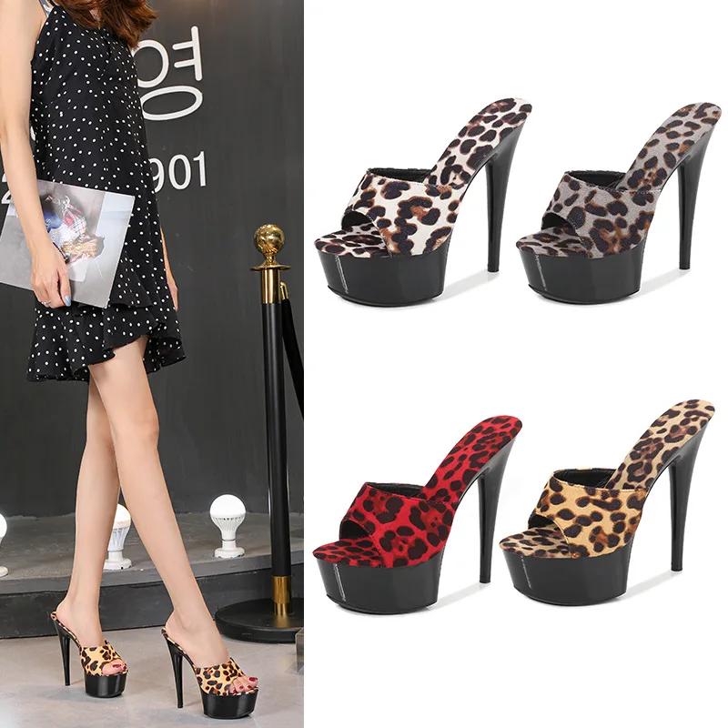 Fashion Sexy High-heeled 15cm Leopard Print Woman Slippers Sandals Platform Nightclub Shoes Waterproof Thick Bottom Heels Slippers