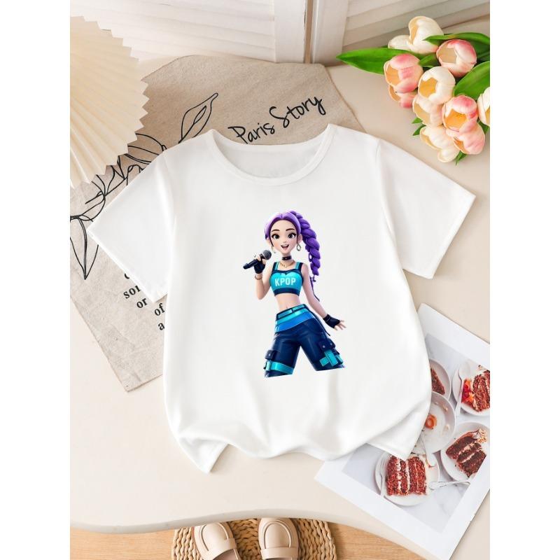 Girls K-POP Idol Print Short Sleeve T-Shirt Cute Cartoon Singer Graphic Tee Kids Summer Casual Top