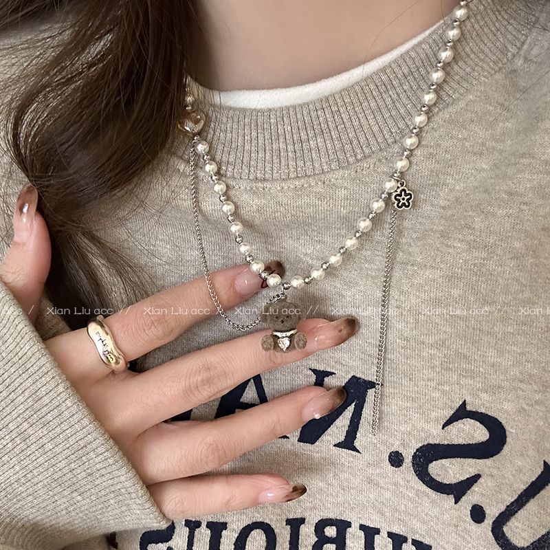 

Super Cute Beaded Bear Necklace for Women Stylish Fashion Special-Interest All-Match Sweater Chain 2025 New Arrival Necklace Ornament Flocking Brown Bear Pearl Tassel Necklace