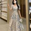 Large size women's summer fat mm retro French long skirt vacation style square collar blue oil painting knee floral dress