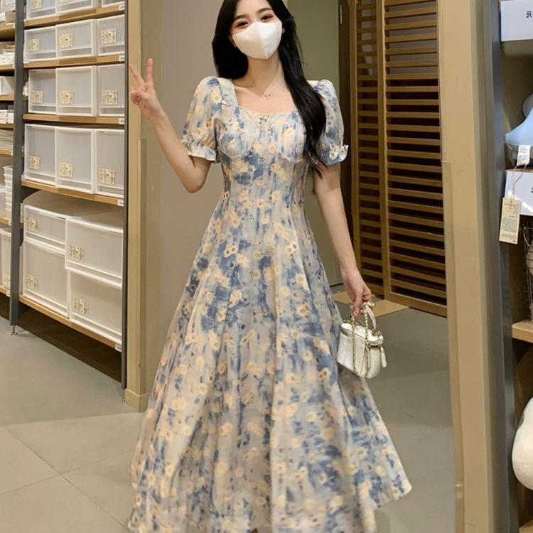 Large size women's summer fat mm retro French long skirt vacation style square collar blue oil painting knee floral dress