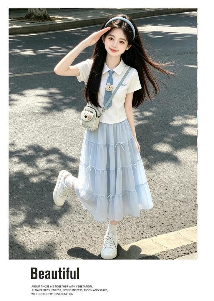 Girls' Academy Style Polo Shirt & Skirt Set - Korean-Inspired Summer Fashion