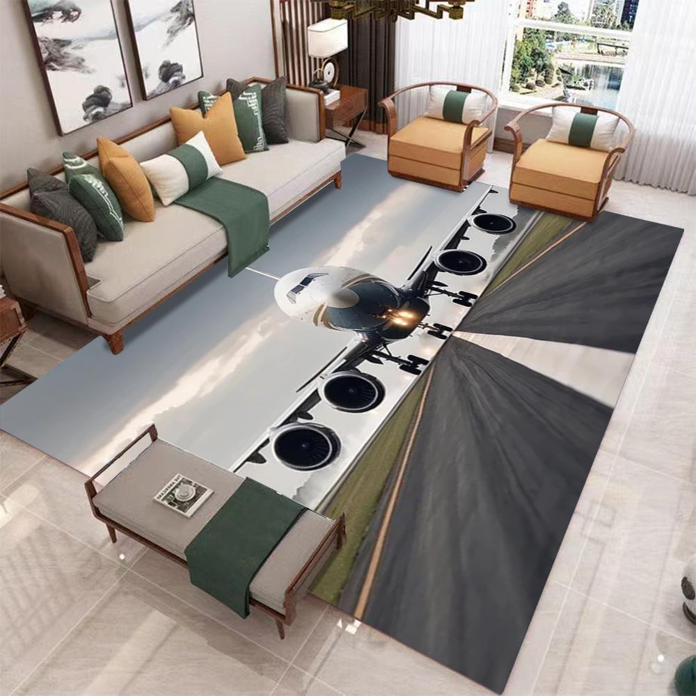 Large Airplane Theme Carpet with Warm Brown Desert Landscape Living Room Area Rug Dark Green Blanket Modern Home Decoration Mat