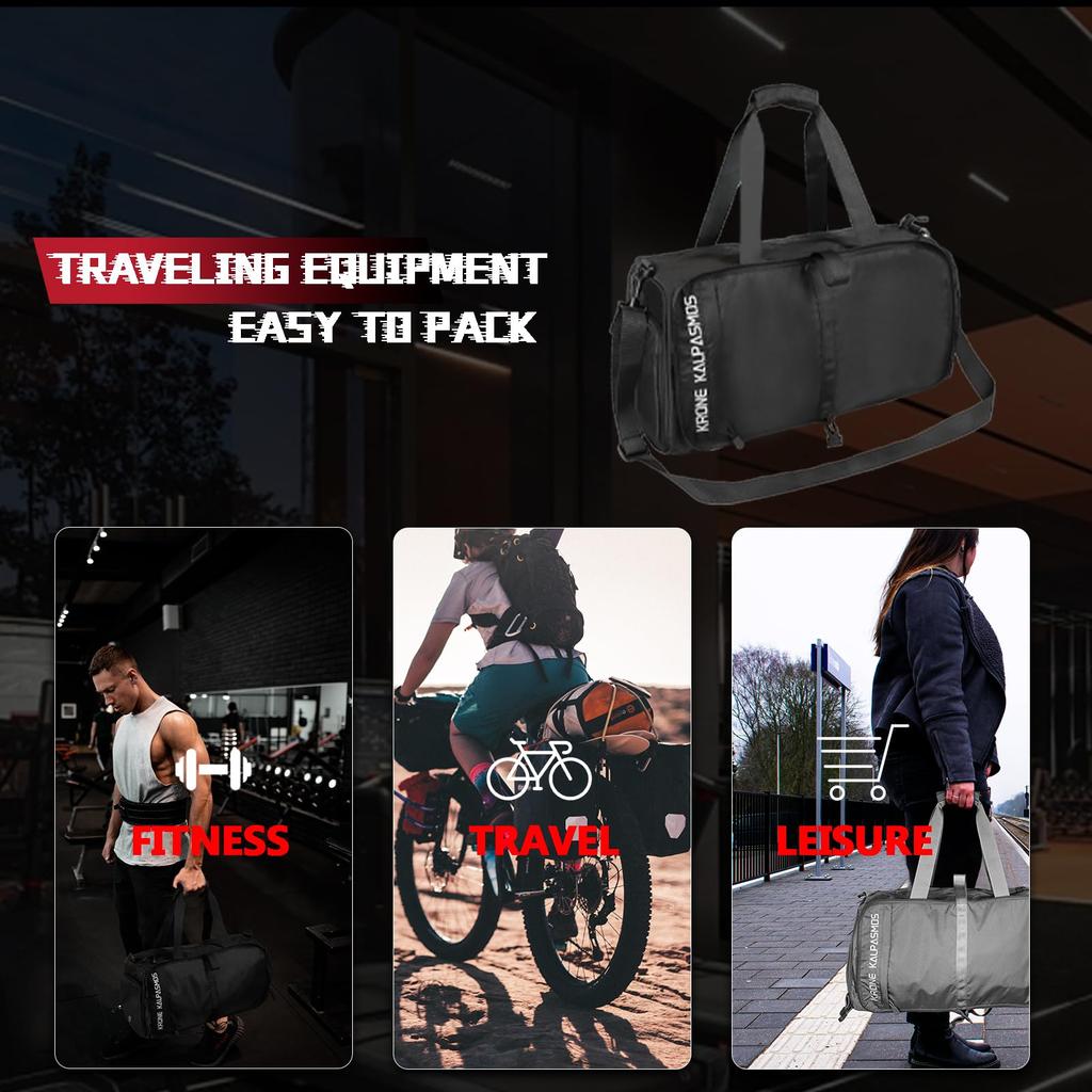 Krone Kalpasmos Foldable Gym Bag for Men, Waterproof, with Shoe Compartment, Small Boston Bag for Travel, Gym, Fishing, and Pool (Black)