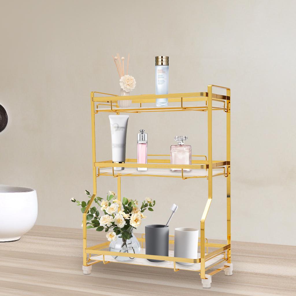 3-layer Bathroom Skincare Shelf, White Gold Countertop Storage W/ Railing,Desktop Bookshelf for Bedrooms, Living Rooms & Offices