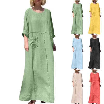 Vestido casual de manga larga, cuello redondo, algodón y lino, con pliegues y bolsillos en ambos lados, ideal para mujer.