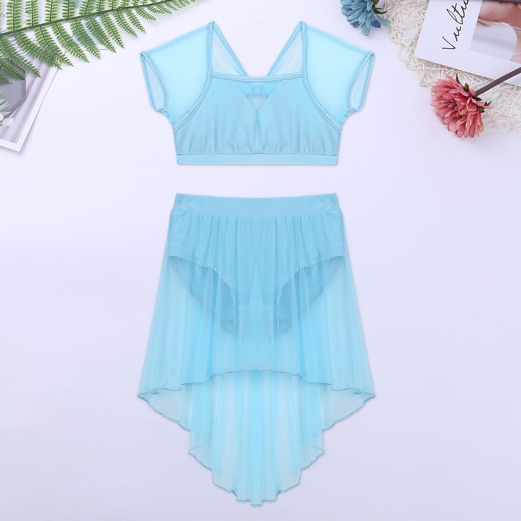 Zweiteiliges Tanz-Outfit für Kinder, Mädchen, Netzrock, Spleiß-Crop-Top und High-Low-Rock-Set