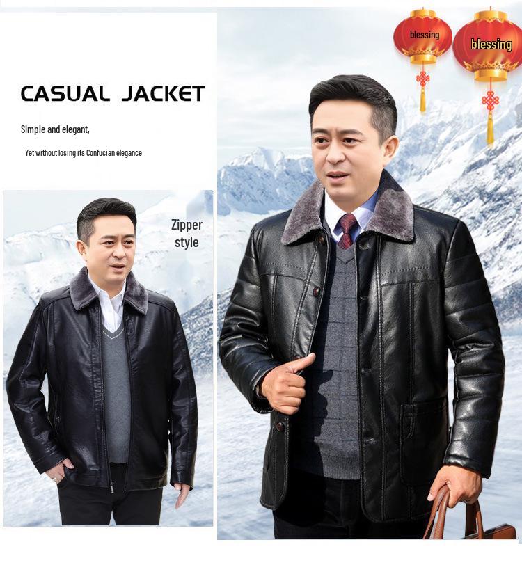 50-Year-Old Dad's Plus Velvet Thickened Leather Jacket for Middle-Aged & Elderly Men - Winter Cotton Padded Grandpa Jacket