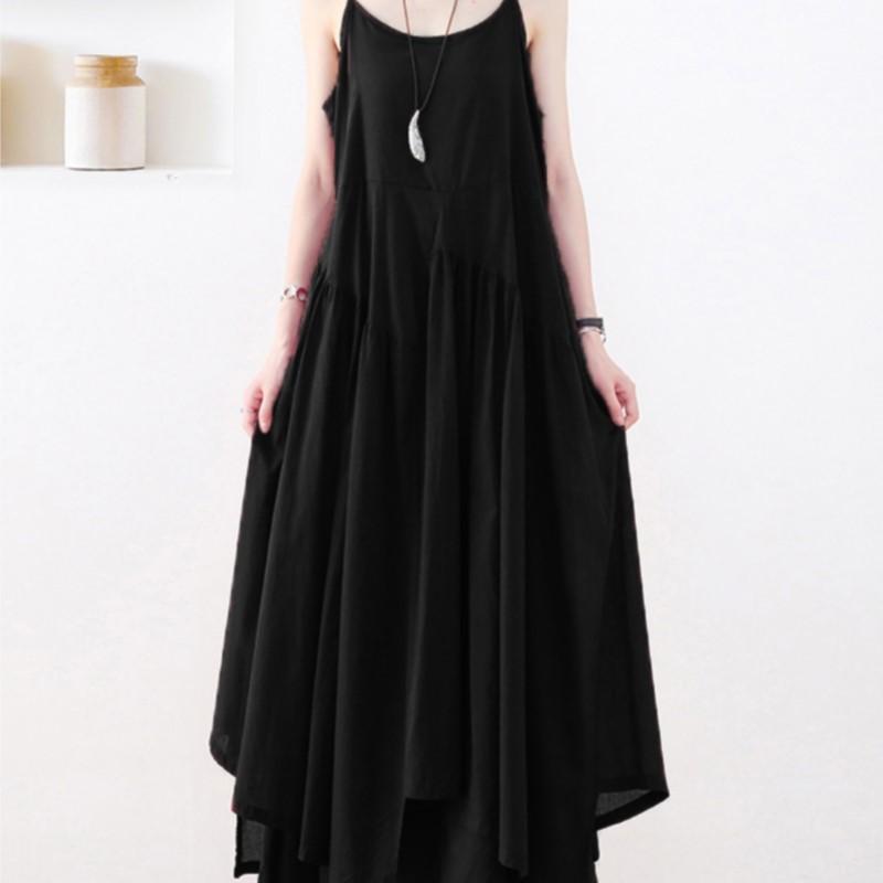 

Johnature женское весеннее нишевое платье без рукавов нестандартной формы, свободное однотонное платье в китайском стиле с круглым вырезом One Size чёрный