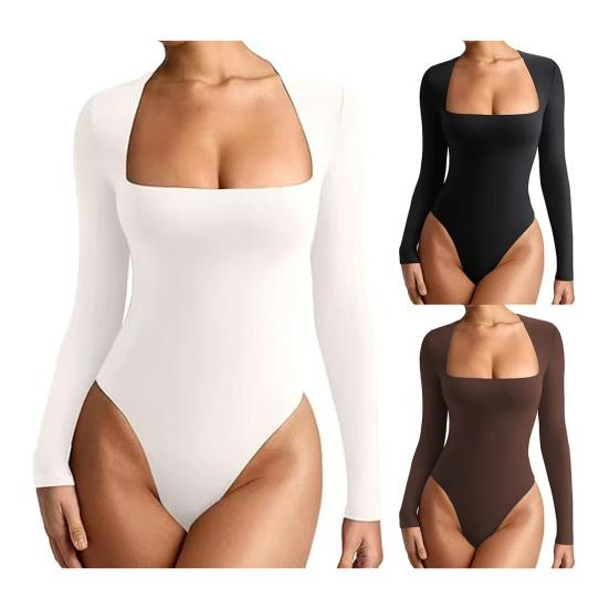 Women's Square Neck Bodysuit Long Sleeve Fall Basic T-Shirt Tops Sexy Slim Fit One Piece Bodysuit Top