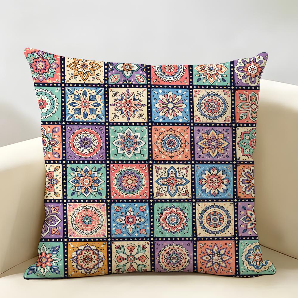 Vintage Bohemian Floral Grid Cushion Cover Natural Linen Organic Fabric DoubleSided Printing Room Sofa Decor Pillow Case