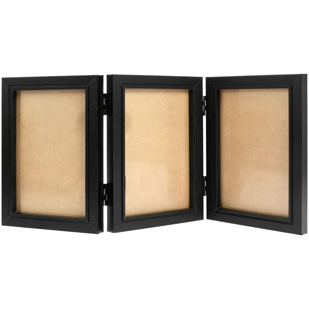 Triple Photo Frame 180° Foldable Hinged Picture Frame Stand Vertically on Desktop Photo Frame Glass Front Black Photo Frame