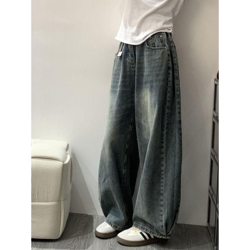 

American Retro High Waist Straight-leg Denim Female BF Idle Style Plus Size Plus Size Ladies Loose Slim Looking Mop Wide-Leg Pants Light blue pants S