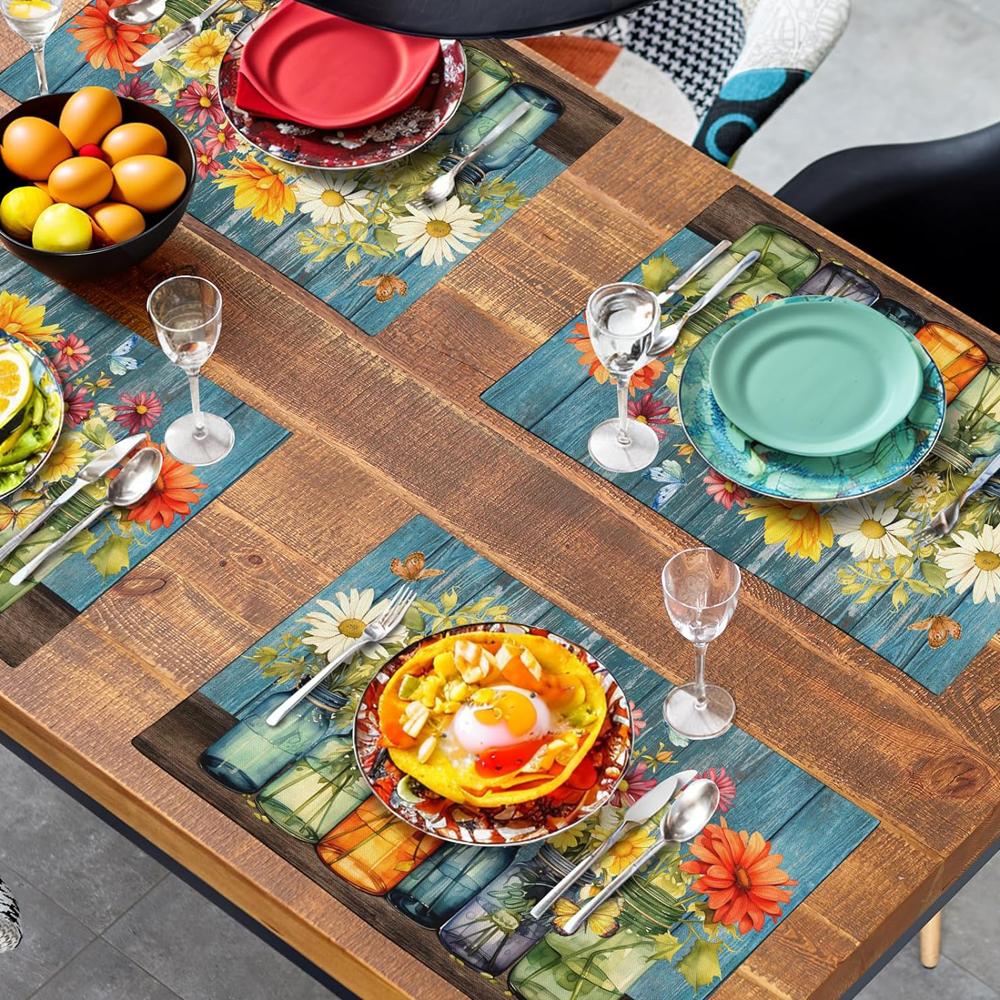 Rustic Daisy Placemats Vintage Flower Vases Wood Grain Linen Table Mats 30x45cm Summer Floral Wooden Board Farmhouse Washable