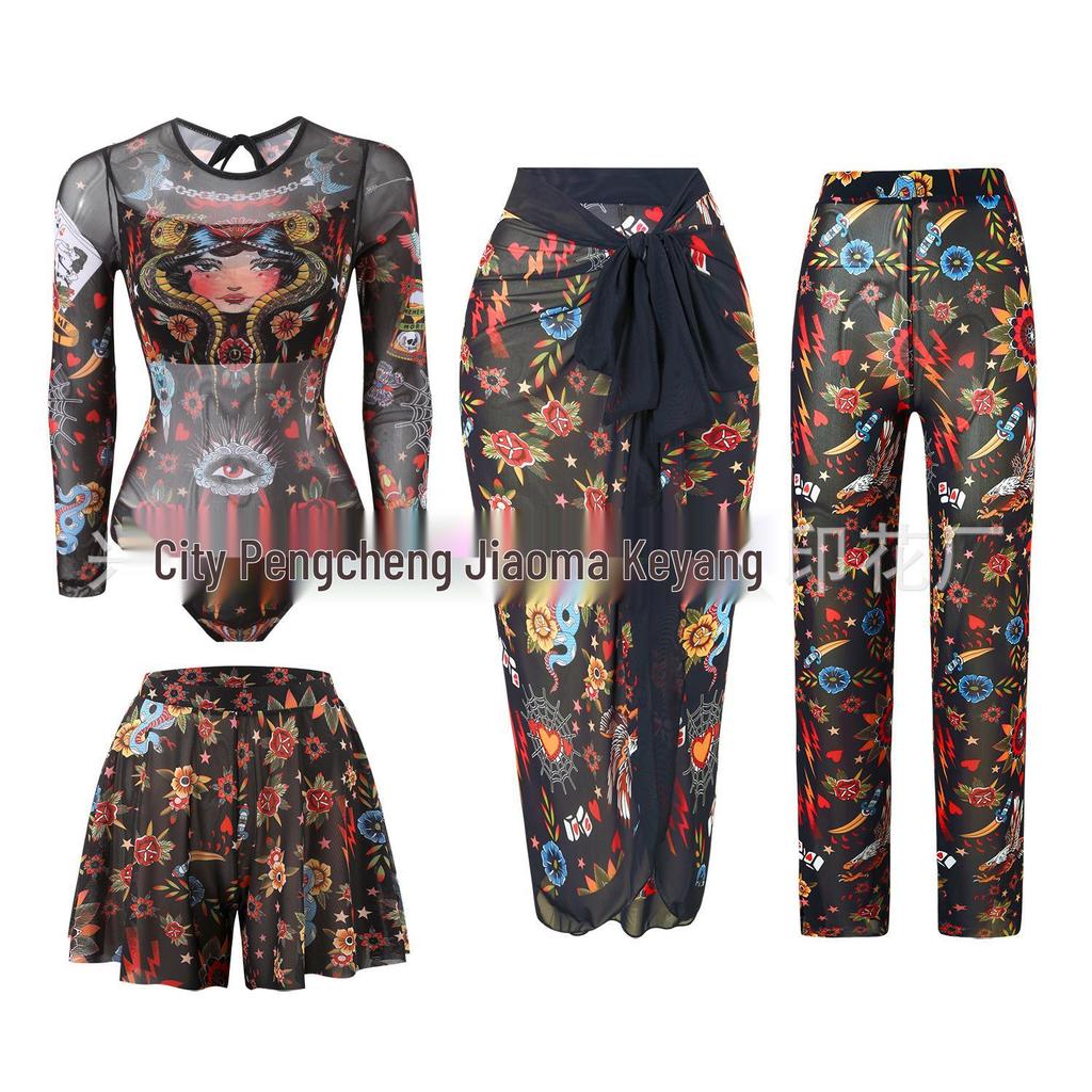 Vierteiliger Damen-Badeanzug mit langen Ärmeln, Netzstoff, Sonnenschutz und Hose