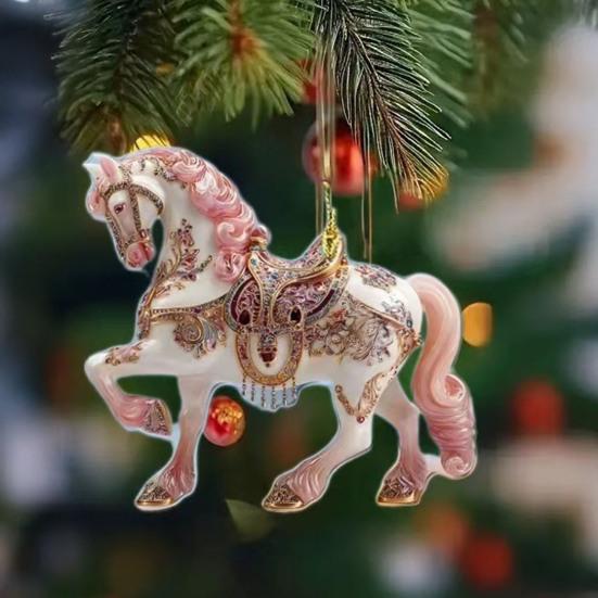 Horse Christmas Ornaments Glitter Rhinestone Horse Christmas Tree Hanging Ornament 2D Flat Acrylic Car Rear View Mirror Charm for Holiday Home Decor