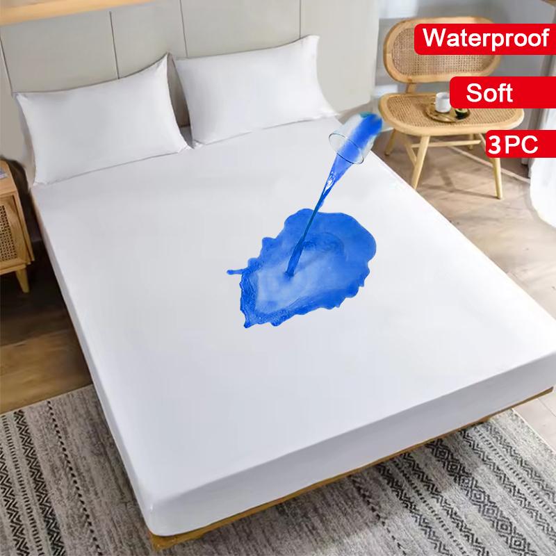 3PC Waterproof Bed Sheet Set Solid Color Moisture-proof Dust-proof Non-slip Mattress Protector Soft Comfortable Bedding Set Deep Pocket Bed Sheet