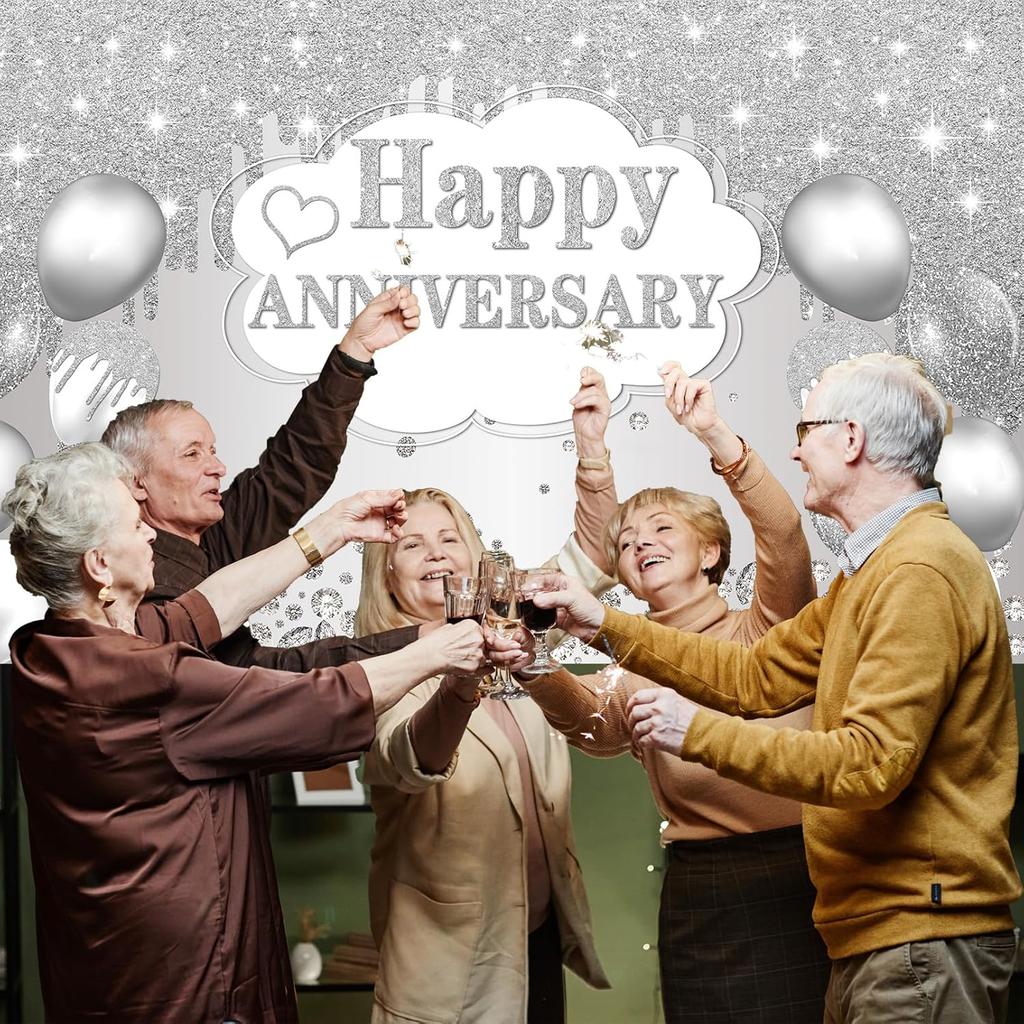 Silver Anniversary Banner, 10th-60th Wedding Anniversary Decorations, 72 X 44 Inches