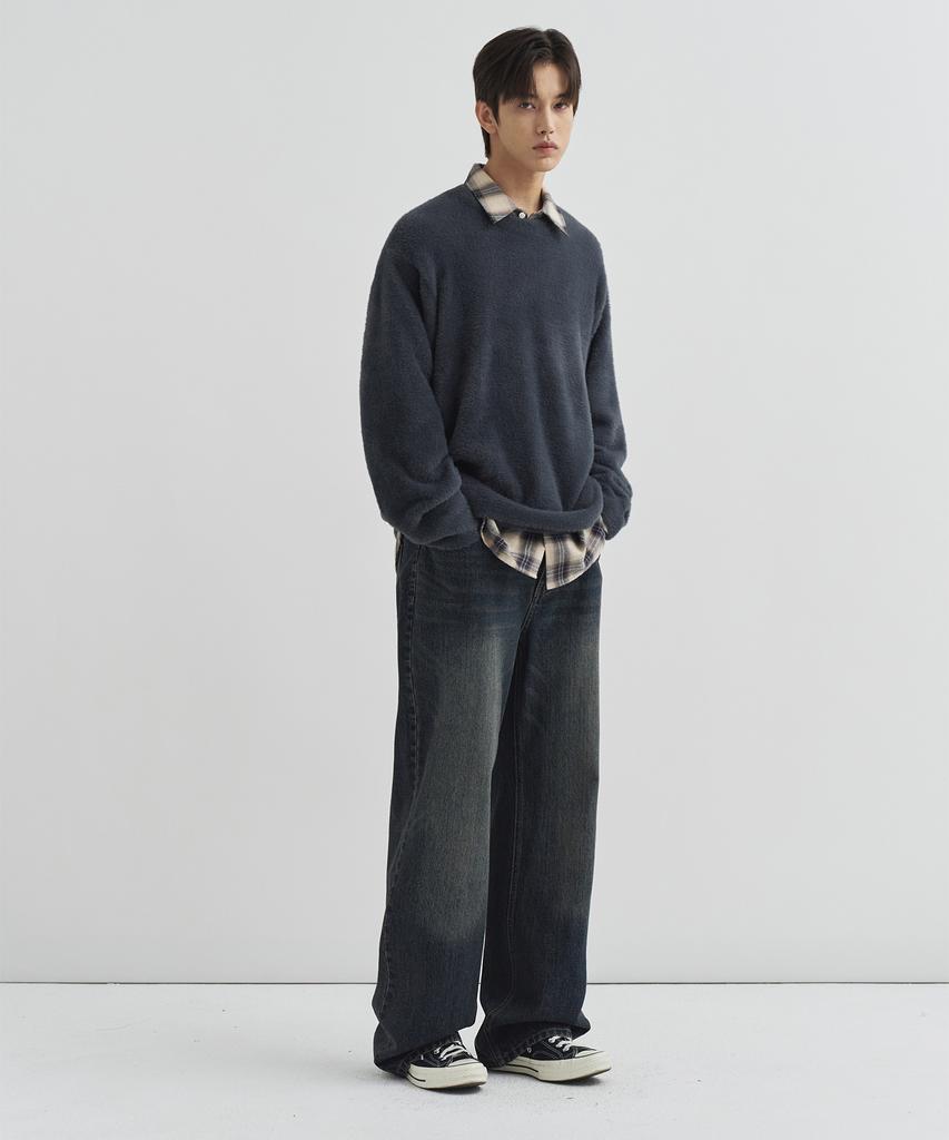 DRAW FIT Round Brushed Hairy Pullover Knit [Blue Grey]