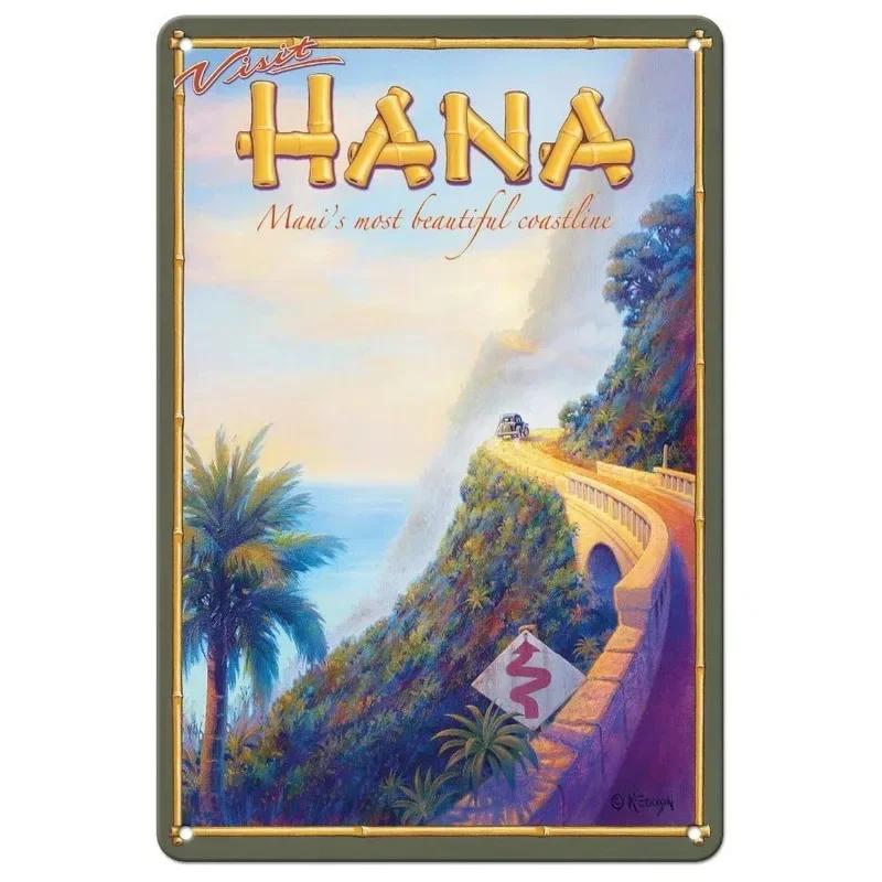 Vintage Hawaii New York Santorini Landscape Travel Tour Poster Retro Metal Aluminum Signs Funny Plaque Home Bar Cafe Wall Decor