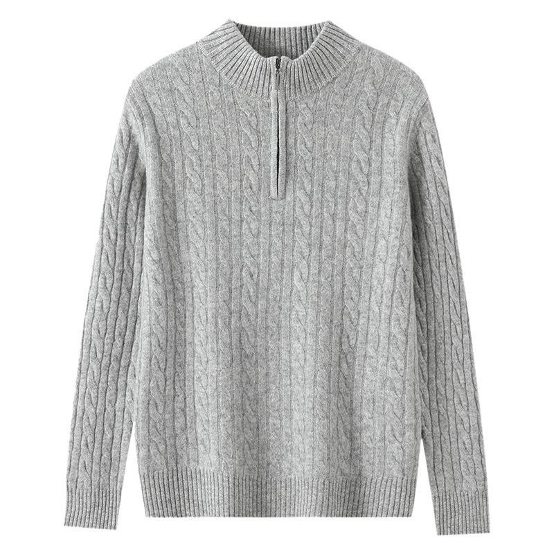 Men's Pure Wool Half-High Collar Cable Knit Zipper Sweater - Thick & Loose for Autumn/Winter