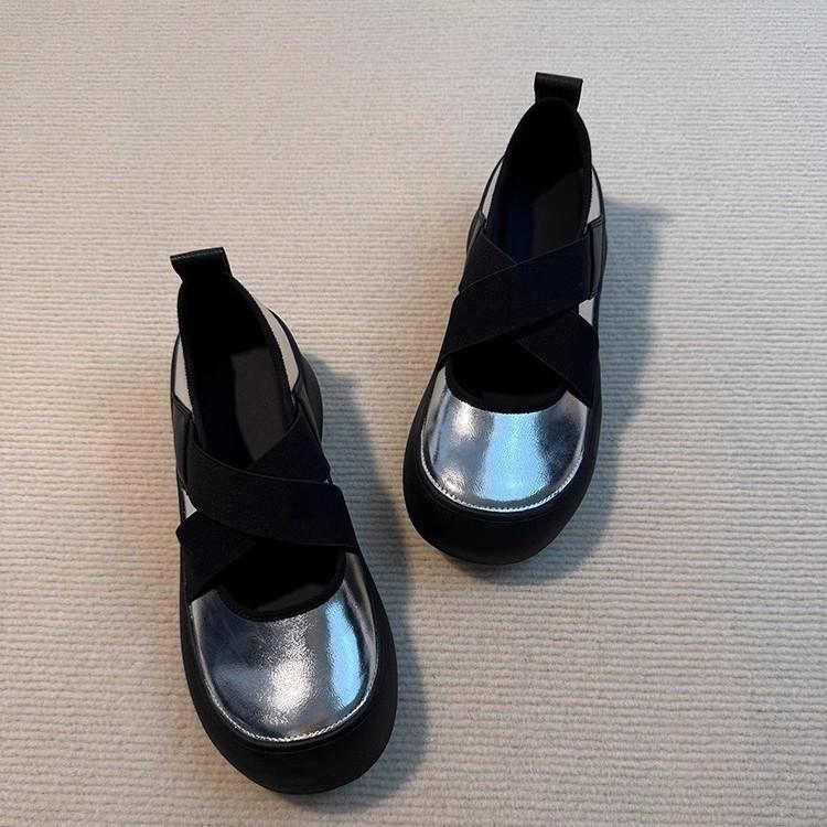 Soft leather version~ platform-soled sports ballet shoes women's versatile leather cross-strap round head single shoes retro Mary Jane shoes