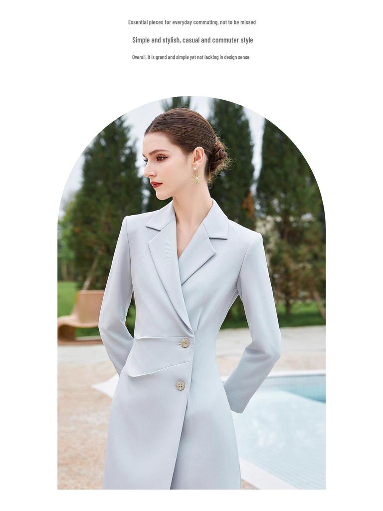 Blue Two-Button Suit Collar Women's Mid-Length Dress - Spring & Autumn Style