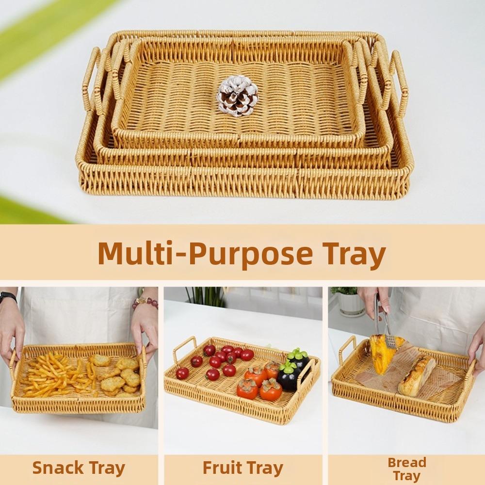 Handwoven Wicker Serving Tray Woven Handheld Plastic Rattan Storage Tray  Kitchen Storage
