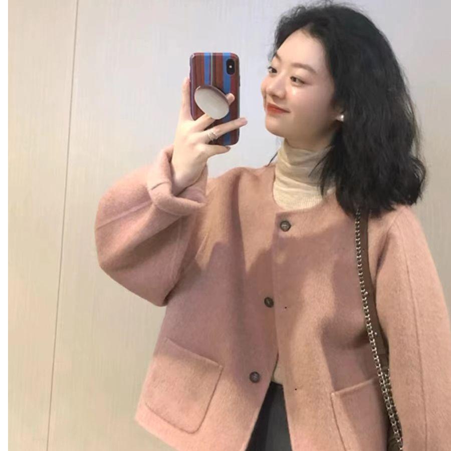 Korean Petite High-Waisted Wool Coat - Pink Short Jacket for Autumn/Winter