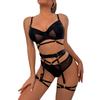 Women Lingerie Set Adjustable Elegant Pure Color Mesh Bra Thongs Belt Thigh Loops for Wedding Night Black M