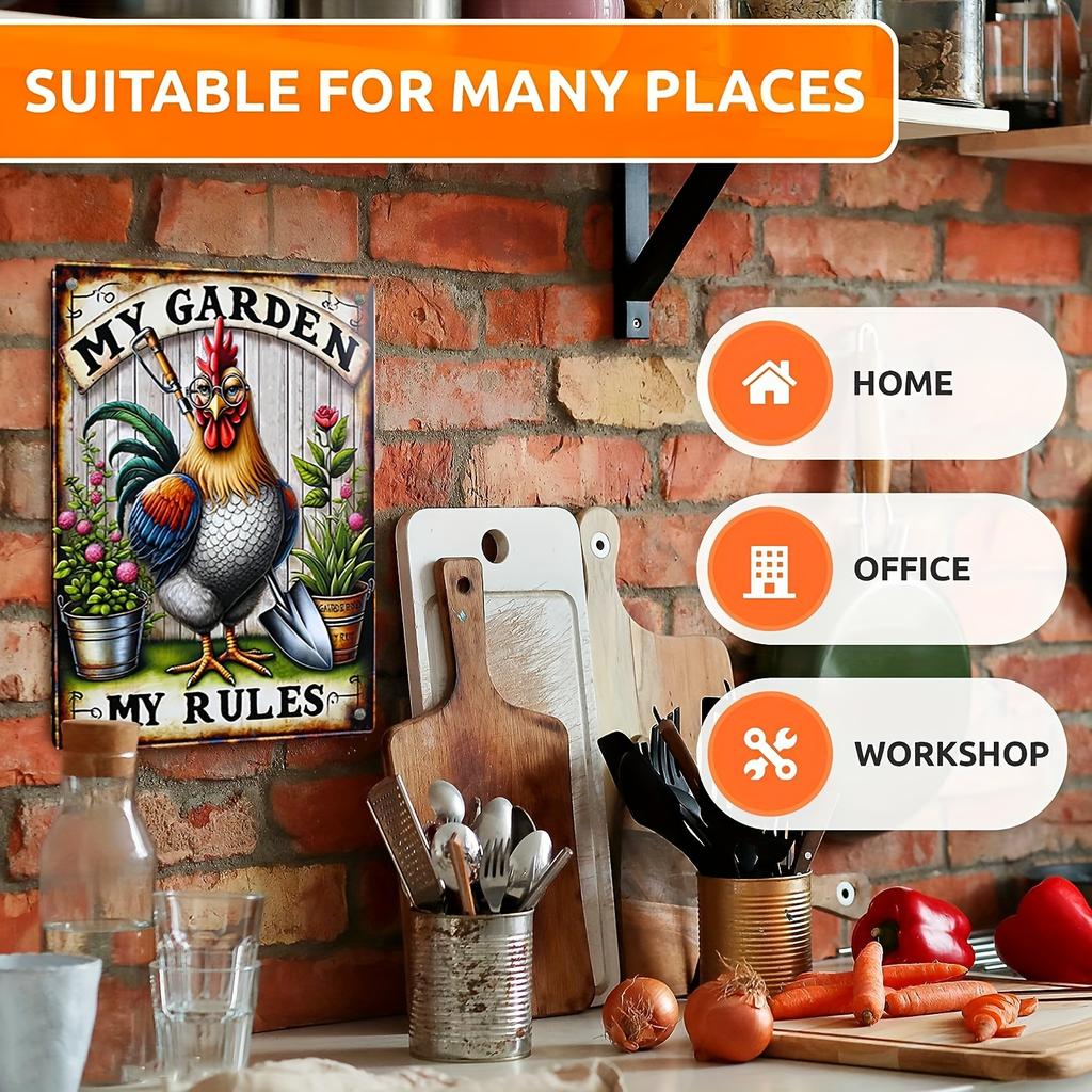 1pc Funny Gardening Metal Poster "My Garden My Rules" Wall Art Aluminum Chicken Tin Signage For Garden, Farmhouse, Chicken Decor