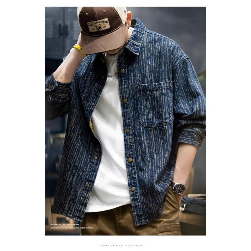 Men's Blue Striped Denim Long Sleeve Shirt Casual Pocket Detail Oversized Streetwear Top
