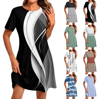 Kadın Modası Günlük Baskılı Yuvarlak Yaka Kısa Kollu Kısa Elbise