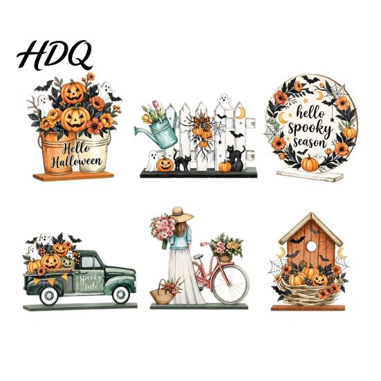Retro Style Ornament Sets 6Pcs Halloween Decors, Hello Table Topper Signs, Spooky Pumpkin Ghost Truck Unique Gift Ideas Tiered Tray Centerpiece,