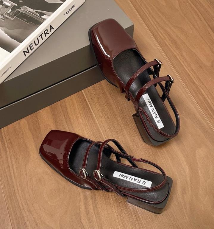 

мода Летний дизайн Женские сандалии Модные узкие туфли на квадратном каблуке Туфли женские уличные туфли из лакированной кожи Мэри Джейн 35 вино красного