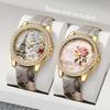 Fashion Rhinestone Women's Watch Flowers Printed Leather Band Female Quartz Watches