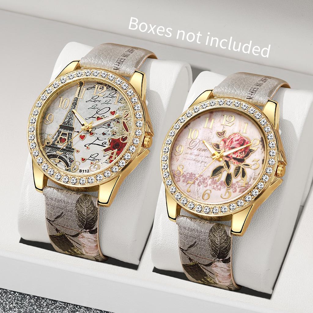 Fashion Rhinestone Women's Watch Flowers Printed Leather Band Female Quartz Watches