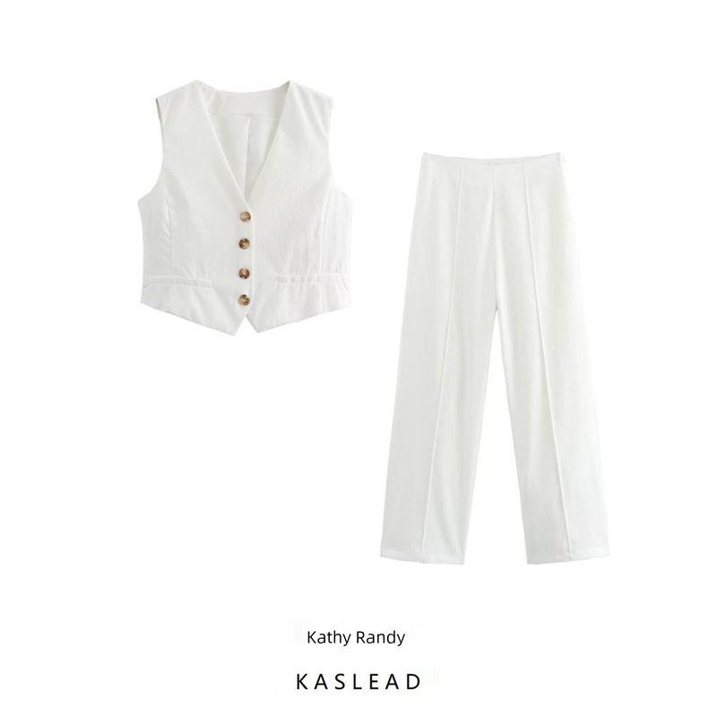 Kaslead New Arrival Women's Clothing Fashion Style Fashion Minimalist Pure Color Vest Pants Two-Piece Suit