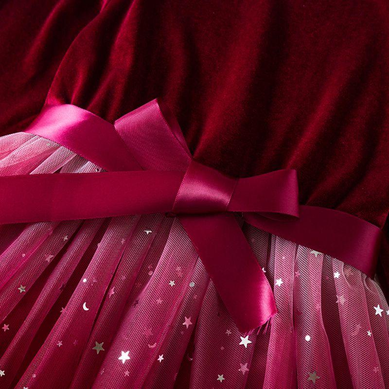 3-7 Years Kids Girls Starry Sky Style Mesh Skirt Dress Long Sleeve Bow Dress