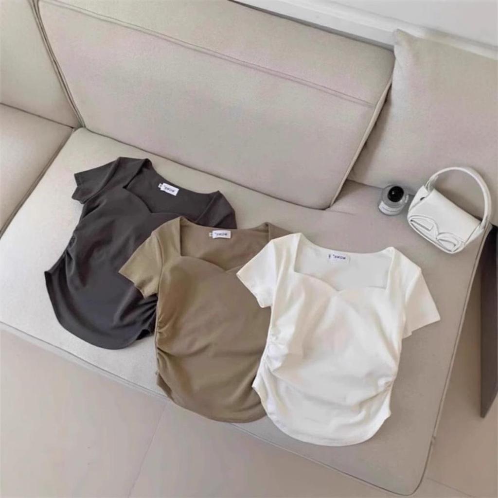 Korean Sweetheart Neckline Cotton T-Shirt - Women's Summer Slim Fit, Y2K Style, Straight Shoulder, Short Sleeve