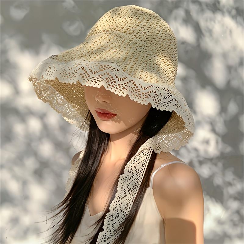 Women'S Wide Brim Sun Hat for Summer, Breathable & Foldable with Lace Trim and Adjustable Chin Strap - Lightweight Crochet Beach Hat, Protection