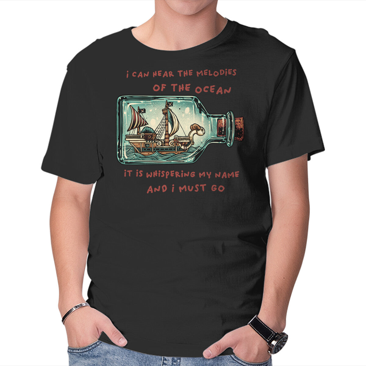 Unisex Crew Neck T-Shirt Pirate Ship In A Bottle Graphic Short Sleeve Casual Tee S